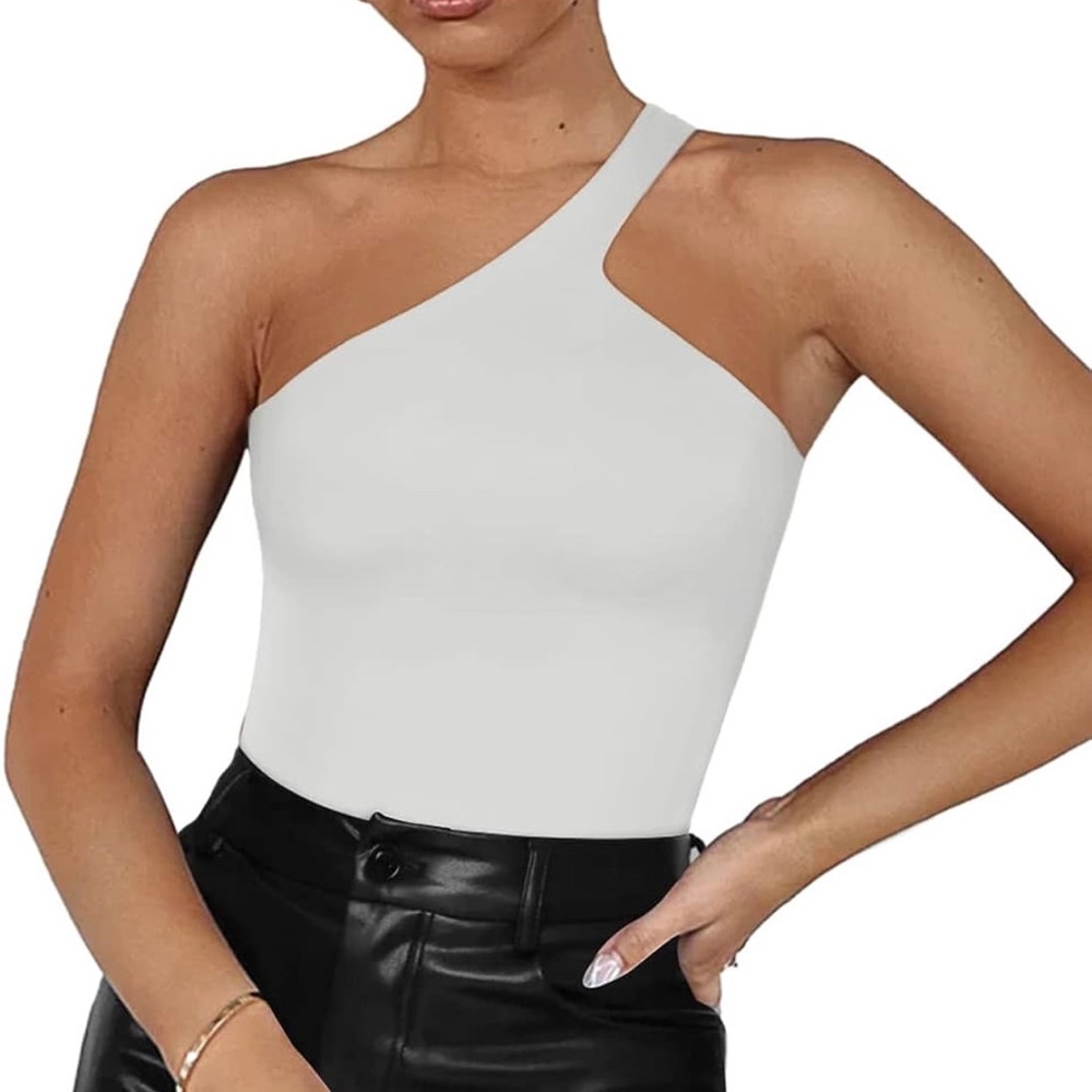 REORIA One Shoulder Sleeveless Backless Double Lined Thong Tank Top Bodysuits